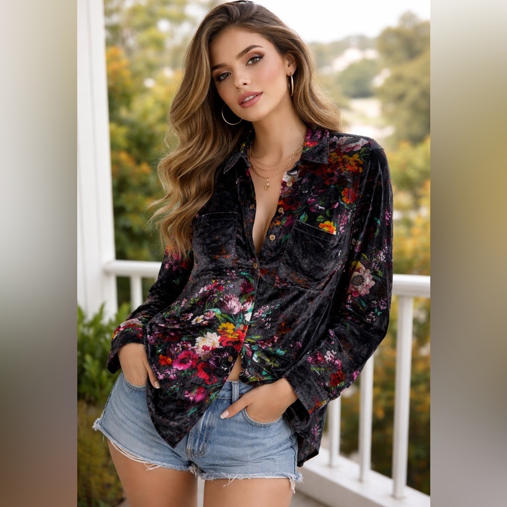 Pilcro Floral Velvet Button-Down Top shirt Medium (Anthropologie) the Hadley